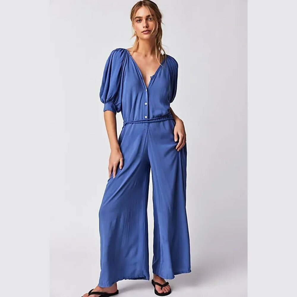 New! Jen's Pirate Booty Free People Denim Blue Welles Jumpsuit Small 2844